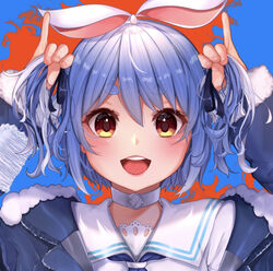  :d blue_background blue_hair blush bunching_hair choker female hololive long_sleeves looking_at_viewer neckerchief pinky_out red_eyes sailor_collar short_hair smile solo temari_maco thick_eyebrows upper_body usada_pekora usada_pekora_(casual) virtual_youtuber 