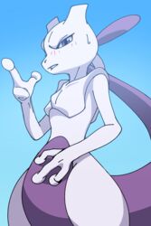  2019 2:3 3_fingers blue_background blush bodily_fluids fingers generation_1_pokemon hi_res katahane3 legendary_pokemon looking_at_viewer mewtwo multicolored_body nintendo pokemon pokemon_(species) purple_body purple_eyes simple_background solo sweat two_tone_body 