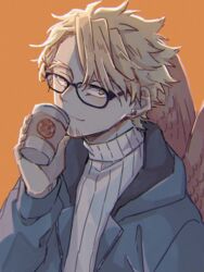  1boy alternate_hairstyle bespectacled blonde_hair boku_no_hero_academia casual close-up cup earrings facial_hair facial_mark feathered_wings feathers from_above glasses goatee hawks_(boku_no_hero_academia) holding holding_cup hood hooded_jacket jacket jewelry looking_at_viewer male_focus miso_(mimimiso) orange_background red_feathers short_hair simple_background solo stud_earrings sweater wings yellow_eyes 