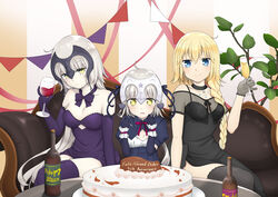  3girls absurdres ahoge anniversary bare_shoulders black_dress black_gloves black_thighhighs blonde_hair blue_eyes blush bottle bow braid breasts cake champagne_flute collarbone commentary couch cup dress drinking_glass elbow_gloves fate/apocrypha fate/grand_order fate_(series) food gloves grey_hair headpiece highres jeanne_d&#039;arc_(fate) jeanne_d&#039;arc_(formal_dress)_(fate) jeanne_d&#039;arc_alter_(avenger)_(fate) jeanne_d&#039;arc_alter_(fate) jeanne_d&#039;arc_alter_(holy_night_supper)_(fate) jeanne_d&#039;arc_alter_santa_lily_(fate) jeanne_d&#039;arc_alter_santa_lily_(memory_of_qualia)_(fate) long_hair looking_at_viewer medium_breasts multiple_girls pale_skin purple_bow purple_dress purple_gloves purple_legwear purple_ribbon ribbon single_braid sitting smile sparkling_eyes table thighhighs very_long_hair wine_bottle wine_glass yellow_eyes yukipoyogorira 