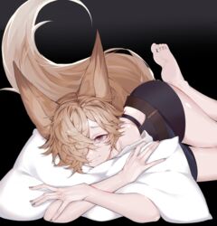  1boy absurdres animal_ears axescr barefoot blonde_hair brown_eyes chinese_commentary commentary erune feet fox_ears fox_tail granblue_fantasy highres hug hugging_object kou_(granblue_fantasy) looking_at_viewer male_focus nail_polish pale_skin pillow pillow_hug soles solo tail thick_thighs thighs toes 