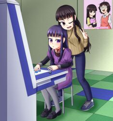  2girls ann_momitsu arcade_cabinet azuma_reiko coke-bottle_glasses commentary_request controller creator_connection glasses high_score_girl highres himeji_wakaba joystick multiple_girls one_eye_closed oono_akira oono_makoto_(high_score_girl) pantyhose po-chan poster_(object) pupipo! siblings sisters translation_request 