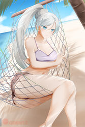  bangs banned_artist beach bikini bikini_top blue_eyes blue_sky breasts brown_shorts cleavage closed_mouth collarbone crossed_arms day eyebrows_visible_through_hair female hair_between_eyes halterneck hammock high_ponytail highres kimmy77 long_hair midriff navel ocean outdoors palm_tree purple_bikini rwby scar scar_across_eye short_shorts shorts silver_hair sky small_breasts solo spaghetti_strap stomach swept_bangs swimsuit tree very_long_hair watermark web_address weiss_schnee 