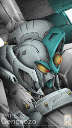  character_name close-up denjyou23 gengaozo gundam highres looking_down mecha mobile_suit no_humans robot solo upper_body variant_set victory_gundam white_background yellow_eyes zanscare 