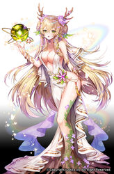  antlers apple_caramel blonde_hair bracelet braid braided_bun breasts cleavage double_bun female flower full_body green_eyes hair_between_eyes hair_bun hair_flower hair_ornament highres horns jewelry necklace official_art orb photoshop_(medium) plant_roots solidus solo standing tassel tiara watermark 