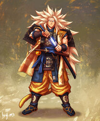  1boy aqua_eyes armor artist_name baggy_pants blonde_hair blue_sash commentary dou dragon dragon_ball dragon_ball_(object) dragon_ball_z dragon_print eastern_dragon guillem_dauden hakama hakama_pants highres holding holding_sheath japanese_armor japanese_clothes kusazuri long_hair looking_at_viewer male_focus no_eyebrows pants pants_tucked_in same-hada samurai sandals sash serious sheath sheathed shoulder_armor sode solo son_goku spiked_hair suneate super_saiyan super_saiyan_3 sword tsuba_(guard) tsuka-ito unsheathing vambraces very_long_hair wakizashi waraji weapon 