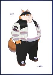  2019 anthro bottomwear canid canine canis clothing domestic_dog eyewear fur glasses hi_res humanoid_hands male mammal overweight overweight_anthro overweight_male pants shirt solo text topwear uokkom white_body white_fur 