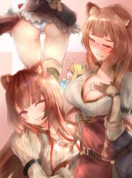  2girls animal_ears ass ass_envy bad_id bad_pixiv_id belt boots breast_tattoo breasts brown_belt brown_footwear brown_gloves brown_hair cleavage closed_mouth commentary_request dress filo_(tate_no_yuusha_no_nariagari) gloves half-closed_eye half-closed_eyes hand_on_own_thigh head_tilt highres large_breasts long_hair long_sleeves looking_at_viewer multiple_girls multiple_views one_eye_closed panties partial_commentary raccoon_ears raccoon_girl raccoon_tail raphtalia red_dress red_eyes shirt short_dress smile standing strap_slip tail takei_(jamfusion) tate_no_yuusha_no_nariagari tattoo underwear white_panties white_shirt 