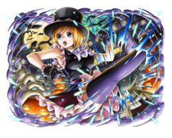  animal bird black_thighhighs crow dress female full_moon halloween halloween_costume jack-o&#039;-lantern koala_(one_piece) moon official_art one_piece one_piece_treasure_cruise open_mouth orange_hair short_hair teeth thighhighs 