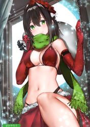  absurdres araido_kagiri bare_shoulders bikini black_hair blurry breasts christmas cleavage elbow_gloves female fringe_trim full_moon fur_trim gloves green_eyes hair_between_eyes hair_intakes headdress highleg highres holding holding_sack large_breasts leg_up looking_at_viewer medium_hair melonbooks moon navel red_bikini red_gloves red_skirt sack santa_bikini scan scarf skindentation skirt smile snowing solo stomach swimsuit window 