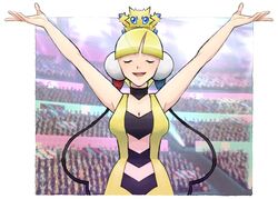  arms_up bare_arms bare_shoulders blonde_hair blue_eyes blunt_bangs breasts cable choker cleavage closed_eyes dress elesa_(pokemon) female headphones joltik medium_breasts nark on_head outstretched_arms pokemon pokemon_(creature) pokemon_bw pokemon_on_head short_dress short_hair sleeveless sleeveless_dress smile stadium upper_body yellow_dress 