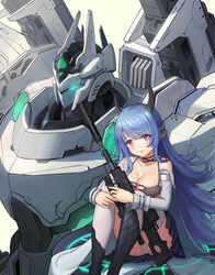  black_horns black_legwear black_skirt blue_hair breasts cleavage commentary_request detached_sleeves dusttodusk female gun highres horns iron_saga knees_up long_hair mecha panties pantyshot photoshop_(medium) pink_eyes robot sitting skirt teresa_(iron_saga) underwear very_long_hair weapon white_background 