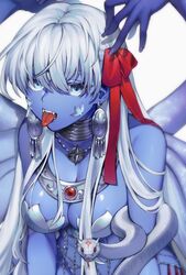  armor belly_chain bikini_armor blue_eyes blue_skin breasts choker cleavage close-up colored_skin facial_mark fangs fate/grand_order fate_(series) female flower hair_between_eyes highres jewelry kali_(fate) large_breasts large_earrings long_hair looking_at_viewer lotus metal_bracelet neck_ring necklace red_ribbon revealing_clothes ribbon shane_7777777 snake solo tongue tongue_out white_background white_hair white_snake 