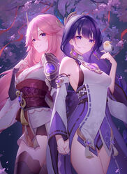  2girls animal_ears bare_shoulders bird blush braid breasts bridal_gauntlets cleavage cosplay costume_switch detached_sleeves earrings fox_ears genshin_impact grin hair_ornament highres japanese_clothes jewelry kimono large_breasts lightria long_hair long_sleeves looking_at_viewer mole mole_under_eye multiple_girls necklace obi off_shoulder pendant pink_hair purple_eyes purple_hair purple_kimono raiden_shogun raiden_shogun_(cosplay) red_skirt revision sash shrug_(clothing) sidelocks skirt sleeveless smile solo_focus very_long_hair wide_sleeves yae_miko yae_miko_(cosplay) 