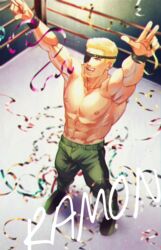  1boy :d abs absurdres arms_up bad_id bad_pixiv_id bare_pectorals bare_shoulders biceps blonde_hair character_name closed_eyes collarbone commentary confetti eyepatch facial_hair full_body goatee green_footwear green_pants highres luchador male_focus muscular muscular_male nipples open_mouth outstretched_arms pants pectorals ramon_(kof) short_hair signature smile sokytk2 solo standing sweat teeth the_king_of_fighters wrestling_ring wristband 