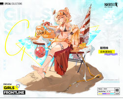  artificial_eye artificial_eyes bad_link bandaged_arm bandages bare_shoulders barefoot beach beach_umbrella bikini bird black_bikini black_choker blonde_hair bottle bracelet breasts character_name chinese_text choker cleavage closed_mouth collarbone copyright_name cui_pi_zha_xia_qiu detached_leggings english_text feet female fishnet_leggings fishnets full_body girls&#039;_frontline goggles goggles_on_head grey_eyes hair_ornament hairclip highres holding holding_bottle jewelry legs lifebuoy looking_at_viewer mechanical_eye medium_breasts medium_hair nail_polish official_alternate_costume official_art orange_nails promotional_art sand side_ponytail simple_background single_detached_legging single_fishnet_legwear sitting soles solo sterling_(girls&#039;_frontline) sterling_(melting_in_the_summer_heat)_(girls&#039;_frontline) swim_ring swimsuit toes umbrella water_bottle wet wet_face 