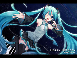  aqua_eyes aqua_hair aqua_nails aqua_necktie bare_shoulders black_skirt black_sleeves black_thighhighs blush boots cable commentary cowboy_shot dated detached_sleeves dutch_angle female grey_shirt hair_ornament happy_birthday hatsune_miku headphones headset holding holding_microphone leg_up long_hair looking_at_viewer microphone miniskirt nail_polish necktie night one_eye_closed open_mouth outstretched_arm piano_keys pleated_skirt shirt skirt sky sleeveless sleeveless_shirt smile solo star_(sky) starry_sky sudachi_(calendar) thigh_boots thighhighs twintails very_long_hair vocaloid zettai_ryouiki 