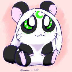  1:1 alternate_species black_body black_fur blue_line_art blush colored_line_art cricetid digital_media_(artwork) fan_character female feral fur fur_markings green_eyes hair hamster hamtaro_(series) lunarpanda8686 mammal markings mika_(lunarpanda8686) pink_nose rodent round_ears simple_background sitting smile solo tail whiskers white_body white_fur white_hair 