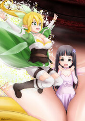  2girls artist_name belt between_breasts blonde_hair breasts brown_belt brown_footwear cape cleavage commentary_request dress energy energy_wings fairy fairy_wings flying glowing green_dress green_wings hair_between_eyes indoors large_breasts leafa lolicon long_sleeves magic mini_person minigirl multiple_girls multiple_wings person_between_breasts pink_dress pointy_ears sheath sheathed sword sword_art_online sword_art_online_the_movie:_ordinal_scale takamaru_(akisora_drawing) teeth thighhighs transparent_wings upper_teeth_only weapon white_sleeves white_thighhighs wings yui_(sao) yui_(sao-alo) 