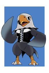  2018 2:3 accipitrid accipitriform animal_crossing apollo_(animal_crossing) avian avian_feet bald_eagle beak bird black_eyes blue_background border eagle feet full-length_portrait grey_body hi_res katahane3 nintendo open_beak open_mouth portrait scutes sea_eagle simple_background solo talons toes tongue white_border wings zipper 