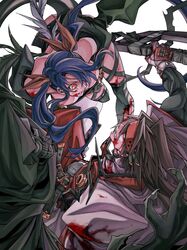  2boys absurdres angel_wings asymmetrical_wings bare_shoulders battle blood blood_on_clothes blood_on_face blood_on_leg blue_hair breasts brown_hair cleavage detached_sleeves dizzy_(guilty_gear) dong_hole english_text father_and_daughter female fingernails guilty_gear guilty_gear_xx hair_ribbon headband highres holding holding_sword holding_weapon long_hair monster_girl multiple_boys necro_(guilty_gear) order-sol ponytail red_eyes ribbon serious sharp_fingernails simple_background skeleton sol_badguy sword tail thigh_strap torn_clothes torn_legwear twintails weapon white_background wings yellow_ribbon 