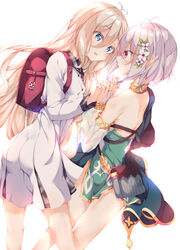  2girls antenna_hair armlet ass backpack bad_id bad_pixiv_id bag bare_shoulders blonde_hair blue_eyes bracelet bridal_gauntlets dress dual_persona elf eye_contact flower green_dress hair_between_eyes hair_flower hair_ornament highres holding_hands interlocked_fingers jewelry kokkoro_(princess_connect!) kokkoro_(real)_(princess_connect!) long_hair long_sleeves looking_at_another multiple_girls neck_ring numpopo pleated_dress pointy_ears pouch princess_connect! purple_eyes randoseru short_hair smile very_long_hair white_dress white_hair 