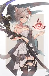  animal_ears arm_tattoo blue_eyes boots breasts cat_ears cat_tail cleavage facial_mark female final_fantasy final_fantasy_xiv flower grey_hair hair_between_eyes hair_flower hair_ornament highres holding holding_scythe long_hair looking_at_viewer medium_breasts miqo&#039;te mokokoiro reaper_(final_fantasy) sarashi scythe solo tail tattoo thigh_boots warrior_of_light_(ff14) whisker_markings 