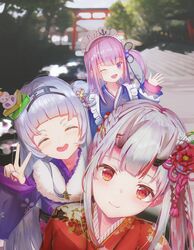  3girls absurdres alternate_hairstyle altmiact blurry blurry_background blush closed_eyes commentary_request flower grey_hair hair_flower hair_ornament highres hololive horns japanese_clothes kimono long_hair maid_headdress minato_aqua minato_aqua_(new_year) multiple_girls murasaki_shion murasaki_shion_(new_year) nakiri_ayame nakiri_ayame_(new_year) official_alternate_costume one_eye_closed open_mouth red_eyes skin-covered_horns smile torii v virtual_youtuber 