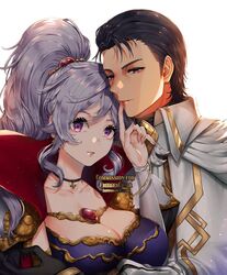  1boy black_hair breasts choker cleavage commission couple female finger_to_mouth fire_emblem fire_emblem:_genealogy_of_the_holy_war fire_emblem_heroes hair_ornament ishtar_(fire_emblem) jewelry large_breasts long_hair looking_at_viewer official_alternate_costume ponytail purple_eyes reinhardt_(fire_emblem) reinhardt_(resplendent)_(fire_emblem) straight upper_body wani_(fadgrith) watermark 