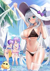  3girls :o absurdres ahoge alternate_hairstyle arm_up azur_lane bare_shoulders beach_umbrella bikini bird black_bikini blue_bikini blue_eyes blue_sky blue_umbrella blush breasts chick chinese_commentary cleavage closed_mouth cloud collarbone commentary_request cup day drink flat_chest flower green_eyes groin hair_between_eyes hair_flower hair_ornament hair_ribbon halterneck hands_up hat high_ponytail highleg highleg_bikini highres holding holding_cup holding_shawl holding_swim_ring holding_umbrella illustrious_(azur_lane) innertube javelin_(azur_lane) javelin_(beach_picnic!)_(azur_lane) large_breasts layered_bikini long_hair looking_at_another looking_at_viewer low-tied_long_hair low_twintails manjuu_(azur_lane) medium_hair mole mole_under_eye multiple_girls navel niballl ocean official_alternate_costume outdoors palm_leaf pink_ribbon ponytail purple_eyes purple_hair red_flower ribbon see-through see-through_shawl shawl side-tie_bikini_bottom sidelocks single_thighhigh sky small_breasts smile standing stomach sun_hat swim_ring swimsuit thighhighs twintails two-tone_bikini umbrella underboob unicorn_(azur_lane) very_long_hair wading water_drop white_bikini white_hair white_headwear white_thighhighs wide_ponytail 