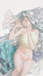  antenna_hair armpit_crease backlighting bad_proportions bare_arms bare_shoulders bed_sheet blunt_ends bow bow_panties chinese_commentary closed_eyes collarbone commentary curled_fingers eromanga_sensei eyelashes feet_out_of_frame female frilled_panties frills grey_background grey_hair groin hair_between_eyes hair_ribbon hair_spread_out hairbow hands_up highres hugging_object indoors izumi_sagiri jacket kkia knee_up lace-trimmed_panties lace_trim lingerie long_hair lowleg lowleg_panties lying mole mole_on_arm muted_color navel on_back panties parted_lips pink_bow pink_panties ribbon skindentation sleeping solo stomach strap_slip stuffed_animal stuffed_octopus stuffed_toy swept_bangs thigh_gap thighs tress_ribbon underwear underwear_only unworn_jacket very_long_hair 