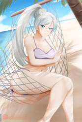  bangs banned_artist beach bikini blue_eyes blue_sky breasts cleavage collarbone crossed_arms day eyebrows_visible_through_hair female hair_between_eyes halterneck hammock high_ponytail highres kimmy77 long_hair looking_at_viewer navel ocean outdoors palm_tree parted_lips purple_bikini rwby scar scar_across_eye silver_hair sky small_breasts solo spaghetti_strap swept_bangs swimsuit tree very_long_hair watermark web_address weiss_schnee 