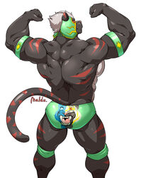  2021 absurd_res anthro ass back_muscles black_body black_fur briefs clothed clothing felid flexing fur green_briefs green_clothing green_underwear hair hi_res kuma_dothera maldu male mammal mask melanistic muscular muscular_anthro muscular_male pantherine print_briefs print_clothing print_underwear rear_view red_stripes simple_background solo sports_mask sportswear striped_body striped_fur stripes tiger topless underwear white_background white_hair wrestling_briefs wrestling_mask 