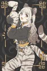  :d animal_hands animal_print arm_up black_background black_jacket brown_eyes chinese_zodiac commentary_request double_bun fangs female gloves grey_hair hair_bun highres jacket long_hair long_sleeves looking_at_viewer open_clothes open_jacket original pants paw_gloves print_pants print_shirt puffy_long_sleeves puffy_sleeves shirt smile solo tail tiger_print tiger_tail umeno very_long_hair white_hair white_pants white_shirt year_of_the_tiger 