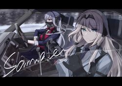  2girls absurdres ak-12_(girls&#039;_frontline) ak-12_(lucia)_(girls&#039;_frontline) an-94_(antje)_(girls&#039;_frontline) an-94_(girls&#039;_frontline) aqua_eyes black_cat black_gloves blazer blue_jacket blue_neckwear braid brown_gloves car_interior car_seat changpan_hutao collared_shirt commentary dress_shirt driving english_commentary eyebrows feline formal french_braid gear_shift girls&#039;_frontline gloves grey_shirt grey_suit hairband headband headgear headset high_ponytail highres jacket leaning leaning_to_the_side letterboxed looking_at_animal low_tied_hair mask mouth_mask multiple_girls necktie official_alternate_costume platinum_blonde_hair ponytail purple_eyes purple_suit radio red_shirt sample_watermark seatbelt shirt sidelocks sitting smile snow snowing steering_wheel suit tree unusually_open_eyes watermark white_hair white_necktie window 