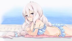  ass bikini blue_bikini blue_eyes braid commentary_request female frilled_bikini frills from_side hair_between_eyes hair_bobbles hair_ornament kohaku_q kokkoro_(princess_connect!) kokkoro_(real)_(princess_connect!) light_blush long_hair looking_to_the_side lying on_stomach parted_lips pool poolside princess_connect! solo strap_slip swimsuit towel twin_braids very_long_hair wet white_hair 