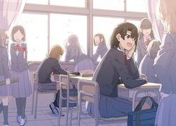  6+girls absurdres bag black_hair bow bowtie brown_hair chair classroom coat curtains desk highres indoors long_hair multiple_girls open_mouth original school school_bag school_uniform shiime short_hair sitting skirt smile standing sunlight window 