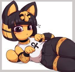  animal_crossing ankha_(animal_crossing) black_hair black_shorts black_thighhighs female fishnet_pantyhose fishnets furry furry_female looking_at_viewer medium_hair nauskills pantyhose shirt short_shorts shorts simple_background socks_over_fishnets solo thighhighs white_shirt 