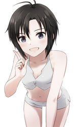  angel&#039;s_swimsuit_(idolmaster) antenna_hair bikini black_hair breasts cleavage commentary cowboy_shot female grey_eyes idolmaster idolmaster_(classic) idolmaster_2 idolmaster_million_live! idolmaster_million_live!_theater_days index_finger_raised kikuchi_makoto leaning_forward looking_at_viewer midriff mogskg navel open_mouth short_hair simple_background solo standing swimsuit white_background 