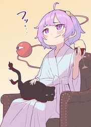  ahoge bathrobe black_cat blush cat_loaf commentary_request couch cup cupping_glass drinking_glass feline female heart heart_of_string highres kaenbyou_rin kaenbyou_rin_(cat) kanpa_(campagne_9) komeiji_satori nekomata purple_eyes purple_hair smile smug touhou wine_glass yellow_background 