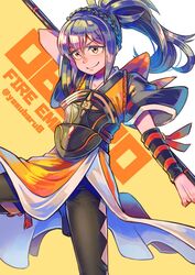  armor blue_hair boots brown_eyes closed_mouth female fire_emblem fire_emblem_fates hairband holding holding_polearm holding_weapon japanese_armor japanese_clothes long_hair oboro_(fire_emblem) polearm ponytail ribbon smile solo spear weapon yasubaru 