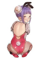  adapted_costume animal_ears arm_support ass back bakushiishi_at bun_cover clothing_cutout double_bun elmelaura female from_behind glasses granblue_fantasy hair_bun hair_intakes harvin heart_cutout high_heels kneeling leotard looking_back pantyhose pointy_ears purple_hair rabbit_ears rabbit_tail red_eyes short_hair simple_background solo tail tongue tongue_out white_background 