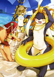  5_fingers absurd_res anthro beach bikini blonde_hair blush breasts chantico_(full_bokko_heroes) clothing cloud co_asomasom cyberconnect2 daww drecom felid feline female fingers full_bokko_heroes fur green_eyes group hair hi_res inflatable inner_tube kemoket kemono long_hair looking_at_viewer mammal medium_breasts navel pantherine raiju_(full_bokko_heroes) red_eyes red_hair sand sand_castle sculpture sea seaside small_breasts smile standing swimwear tiger tongue umbrella under_boob water yellow_eyes zhang_fei_(full_bokko_heroes) 