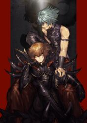  2boys absurdres armband armor bare_shoulders black_armor blue_hair breastplate brown_hair cape crossed_legs dark_persona different_shadow fingernails gauntlets greaves hair_between_eyes helmet highres johan_andersen male_focus multiple_boys open_mouth parted_lips red_cape sitting smile spikes supreme_king_(yu-gi-oh!_gx) third_eye throne unworn_headwear unworn_helmet vvhoneygo wings yellow_eyes yu-gi-oh! yu-gi-oh!_gx yubel yuki_judai 