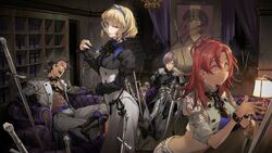  2boys 2girls absurdres ass balthus_von_albrecht belt black_hair blonde_hair blue_eyes blue_hairband book bookshelf butt_crack colored_inner_hair constance_von_nuvelle couch crop_top dark-skinned_female dark_skin dress fire_emblem fire_emblem:_three_houses garreg_mach_monastery_uniform grin hairband hapi_(fire_emblem) highres indoors long_hair long_sleeves looking_at_viewer matsuura_kento medium_hair multicolored_hair multiple_boys multiple_girls on_couch open_clothes open_mouth planted planted_sword purple_eyes purple_hair red_eyes red_hair short_sleeves sitting skirt smile sword weapon yuri_leclerc 