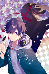  2boys black_hair blue_eyes blue_jacket bracelet checkered_background closed_mouth copyright_notice cover cover_image cover_page drawstring grey_hoodie headphones headphones_around_neck highres holding holding_mask hood hood_down hood_up hoodie jacket jacket_over_hoodie jewelry long_sleeves looking_at_viewer male_focus mask multicolored_background multiple_boys novel_cover novel_illustration official_art open_clothes open_hoodie pocket purple_bracelet saine serious short_hair unworn_mask unzipped upper_body white_background white_hair x zettai_zetsumei_gemu zipper 