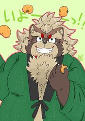  2020 29_da2 anthro blush brown_body brown_fur canid canine clothing food fruit fur goemon_(tas) green_background hi_res humanoid_hands japanese_text kemono lifewonders male mammal overweight overweight_anthro overweight_male plant raccoon_dog robe simple_background solo tanuki text tokyo_afterschool_summoners 