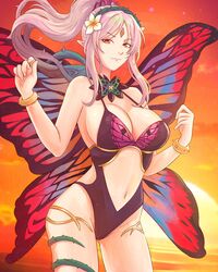  absurdres animal_print bare_shoulders black_one-piece_swimsuit bracelet breasts brown_eyes butterfly_print butterfly_wings casual_one-piece_swimsuit cleavage cowboy_shot facial_mark fairy_wings female fire_emblem fire_emblem_heroes forehead_mark grey_hair highres insect_wings jewelry large_breasts leotard navel official_alternate_costume one-piece_swimsuit plant plumeria_(fire_emblem) plumeria_(summer)_(fire_emblem) ponytail smile solo sunset swimsuit thorns truejekart twilight vines wings 