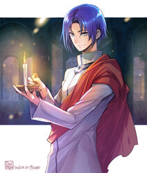  1boy blue_eyes blue_hair candle closed_mouth fire_emblem fire_emblem:_the_binding_blade holding holding_candle indoors long_sleeves looking_at_viewer robe saul_(fire_emblem) short_hair smile toyota_saori turtleneck upper_body 