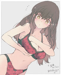  adjusting_bra adjusting_breasts adjusting_clothes azumi_(myameco) blush border bow bow_bra bow_panties bra breasts brown_eyes brown_hair cleavage closed_mouth collarbone commentary_request dutch_angle female flying_sweatdrops grey_background hair_between_eyes lace-trimmed_bra lace-trimmed_panties lace_trim large_breasts long_hair looking_at_viewer navel original panties red_bra red_panties simple_background solo underwear underwear_only white_border 